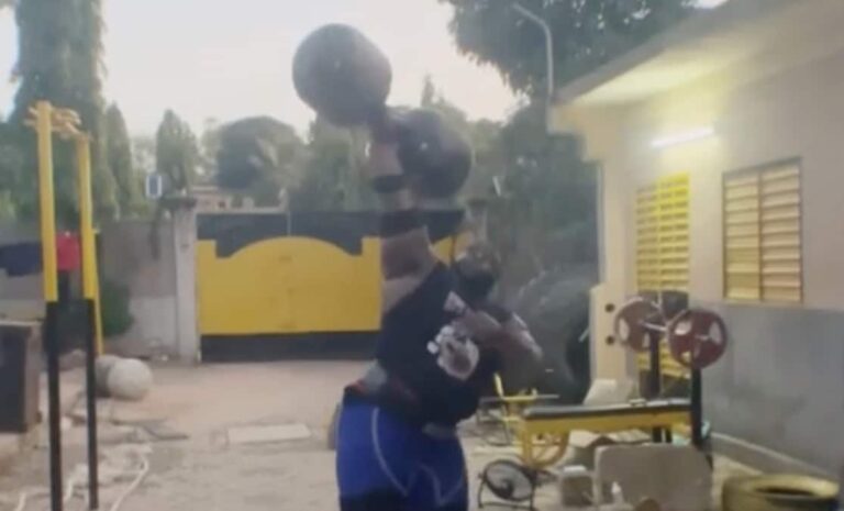 Strongman Cheick “Iron Biby” Sanou Makes a 115-Kilogram (253.5-Pound) Circus Dumbbell Press Look Easy